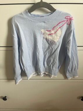 GAP Light Blue Crewneck Sweater with Ice Skates and Pink Bow